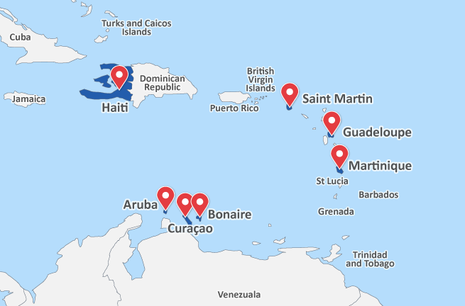 Map showing the Dutch Caribbean islands.